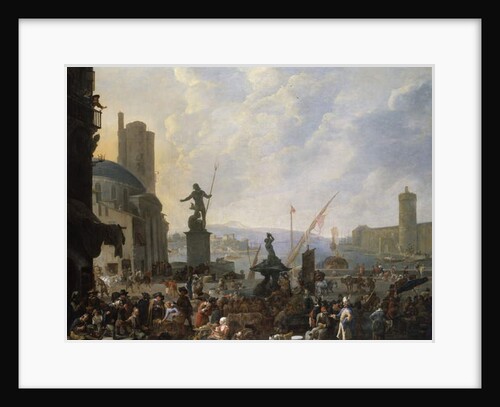 A Capriccio of a Mediterranean Port with Bernini's Triton Fountain, and a Capriccio of the Palais du Louvre, 1651 by Johannes Lingelbach