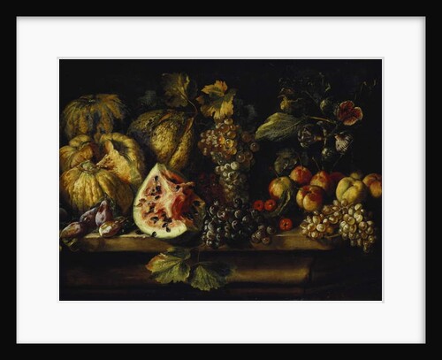 Still Life of Water Melon, Grapes, Plums, Peaches, Cherries and other Fruit on a Ledge by Abraham (follower of) Brueghel