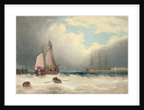 A barge running out of harbour, a frigate riding on her anchor beyond by David James