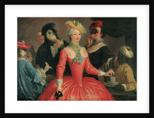 Elegant company in masque costume taking coffee and playing cards by Pietro (circle of) Longhi