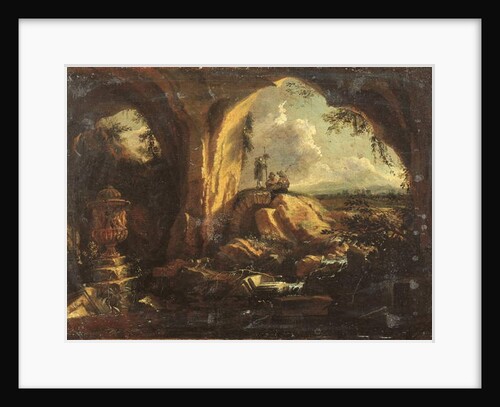 Interior of a grotto with an antique vase and ruins, three pilgrims at the entrance by Matthias Withoos