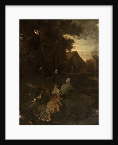 Forest floor still life with a chaffinch, swallow, other birds and butterflies, landscape with a farmhouse beyond by Matthias Withoos