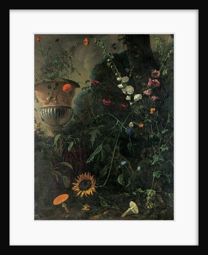Hollyhocks, roses, a blue-lace flower, sunflower and toadstools, with marigolds in an urn by a tree by Matthias Withoos
