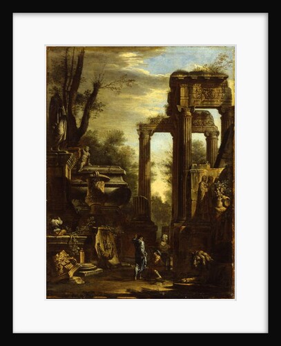 Capriccio of classical ruins and statuary with figures conversing by Giovanni Ghisolfi