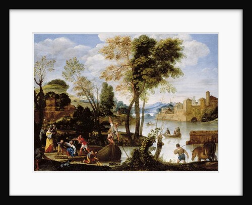 Italianate river landscape with poling boatman and woman with a basket of crabs, c.1604-05 by Domenichino