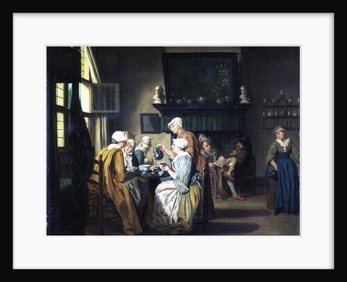 Bourgeois interior with ladies drinking tea, a man reading by the fireplace by Jan Josef the Elder Horemans