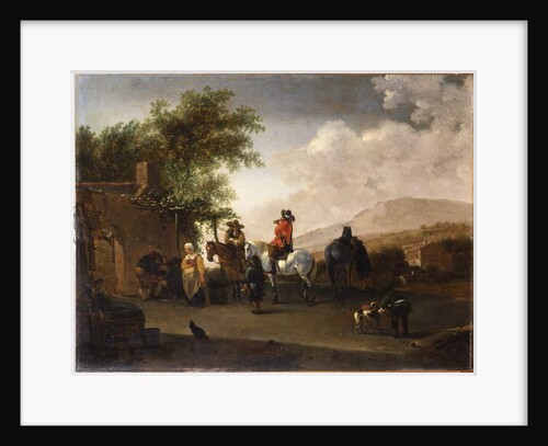 Travellers on horseback taking refreshment on a mountain pass, in an Italianate landscape by Gerrit Adriaensz Berckheyde
