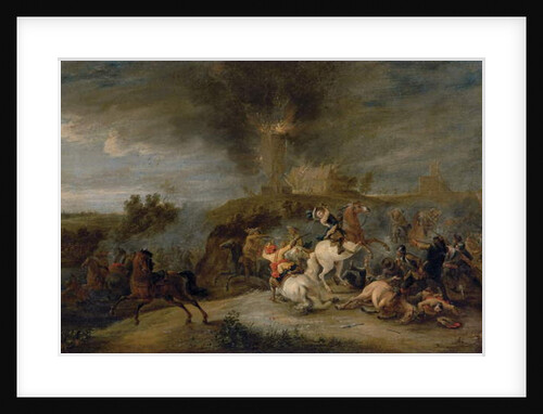 A cavalry skirmish with soldiers pillaging a village by Peeter Snayers