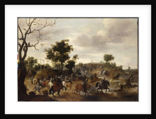 Landscape with a cavalry battle, gallows and a windmill beyond by Peeter Snayers