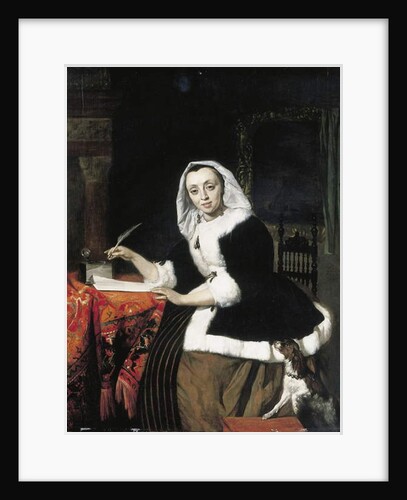 An elegant lady writing at her desk, with a dog beside her by Gabriel Metsu