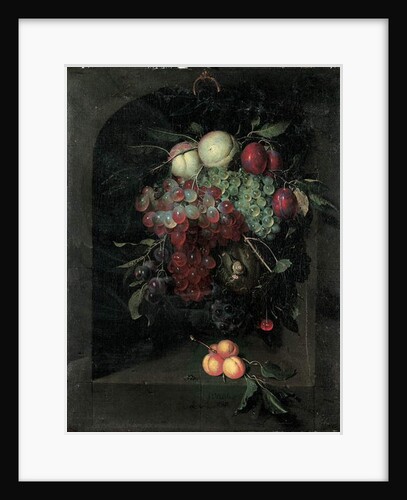 Swag of grapes, peaches, plums and cherries with a snail in a stone niche with a bunch of apricots and bee on a ledge, 1666 by Nicolaes Van Gelder