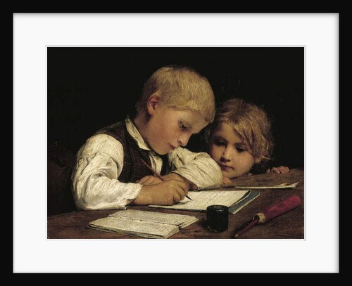 Boy writing with his sister, 1875 by Albert Anker