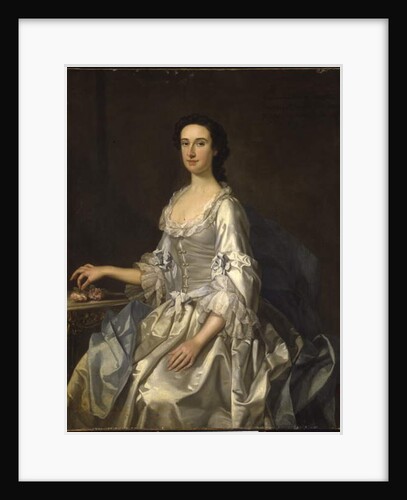 Mary, wife of Henry, 7th Lord Arundell of Wardour, in a grey satin dress, holding roses by a table by George Knapton