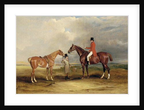 Portrait of John Drummond on a hunter with a groom holding his second horse, in a landscape, a hunting party beyond, 1831 by John E. Ferneley