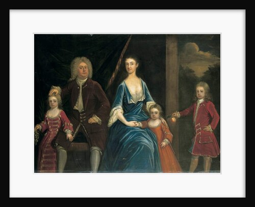 Group portrait of Henry, 5th Lord Arundell of Wardour and his wife Elizabeth, together with their children, in an interior, a landscape beyond by James Francis Maubert