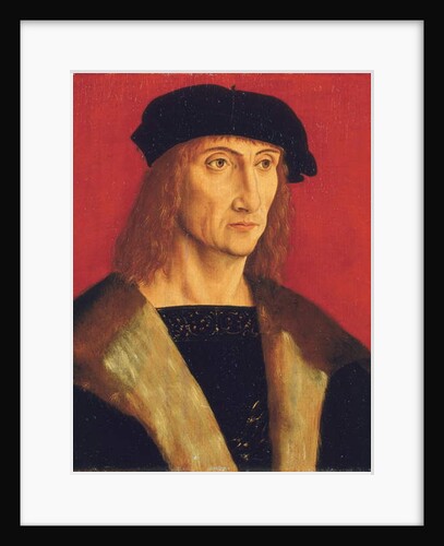 Portrait of a man wearing a fur-lined coat, gold chain and a black beret, before a red background by Jakob Elsner