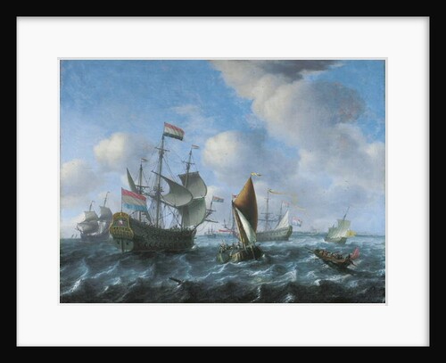 A man'o'war, possibly Het Wapen van Utrecht, a wijdschip and a spiegelsloep in a stiff breeze, 1671 by Aernout Smit