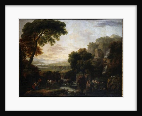 Italianate landscape with a capriccio view of Tivoli, a shepherd and shepherdess and cattle by George the Elder Barret