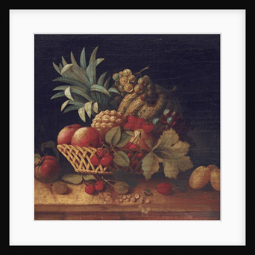 Grapes, plums, cherries, peaches, an apple, a pineapple, and a melon, in a wicker basket by Charles Lewis