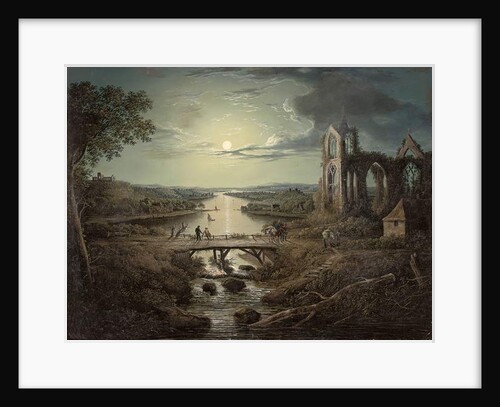 Moonlit view of the River Tweed with Melrose Abbey in the foreground and figures on a bridge by Abraham (attr. to) Pether