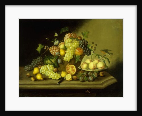 A Still Life with a Basket of Grapes and Mixed Fruit on a Stone Ledge by Georg Seitz