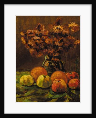 Apples, oranges and a vase of flowers on a table by Frans Mortelmans