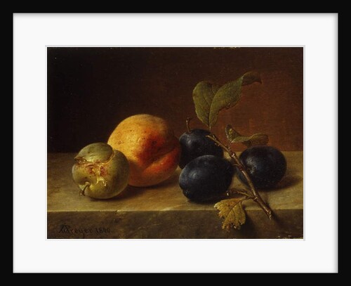 A Peach and Plums on a Marble Ledge, 1860 by Johann Wilhelm Preyer