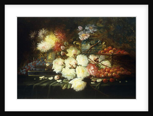 Still life with roses, chrysanthemums, grapes and strawberries by Modeste Carlier