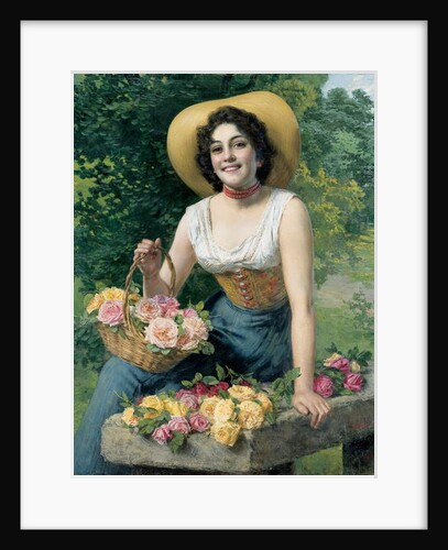 A beauty holding a basket of roses by Gaetano Bellei