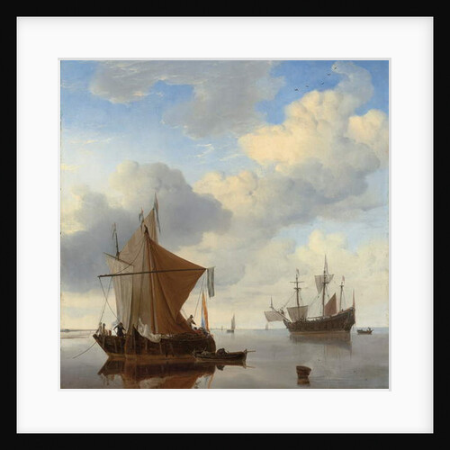 A calm - a smalschip and a kaag at anchor with an English man-o'-war beyond by Willem van de the Younger Velde