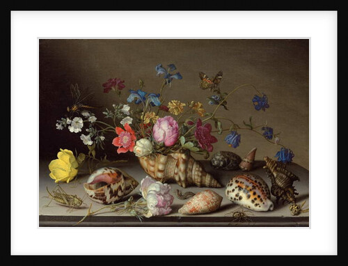 Flowers, shells and insects on a stone ledge by Balthasar van der Ast
