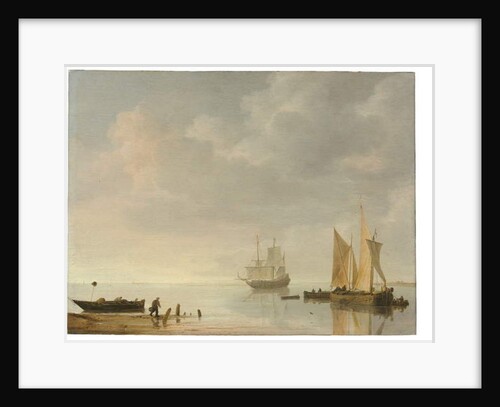 Coastal scene with ships resting on calm waters by Simon Jacobsz. Vlieger