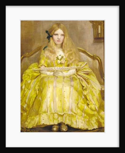 Portrait of a girl, small full-length, in a yellow dress, holding a fan, in an interior, 1903 by Margaret Fletcher