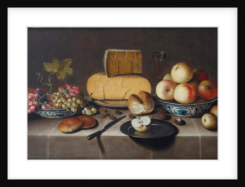 Cheese on a silver plate, red and white grapes and apples in porcelain Wanli bowls, bread rolls, a knife and a sliced apple on a plate, all on a draped table, 1626 by Roloef Koets