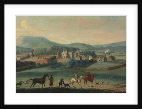A view of the ruined Westby Hall, Yorkshire, with a hunting party in the foreground by Robert Griffier