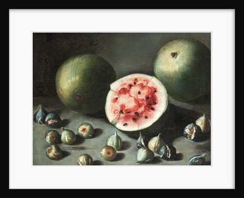 Watermelons and figs on a stone ledge by Neapolitan School