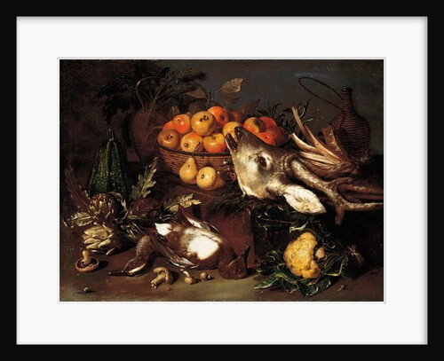 Mushrooms, artichokes, a basket of apples and a cabbage with dead game on a ledge by Salini Pseudo