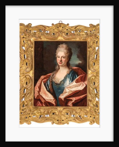 Portrait of a lady, bust-length, in a blue silk dress trimmed with lace and embroidered with gold thread by Jean Ranc