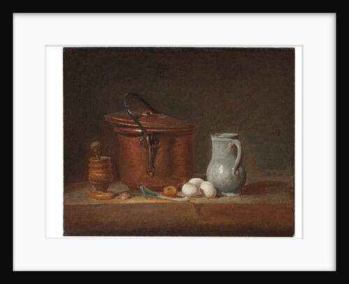 A copper saucepan, a pestle and mortar, a pitcher, a scallion, eggs and an onion on a shelf by Jean-Baptiste Simeon Chardin
