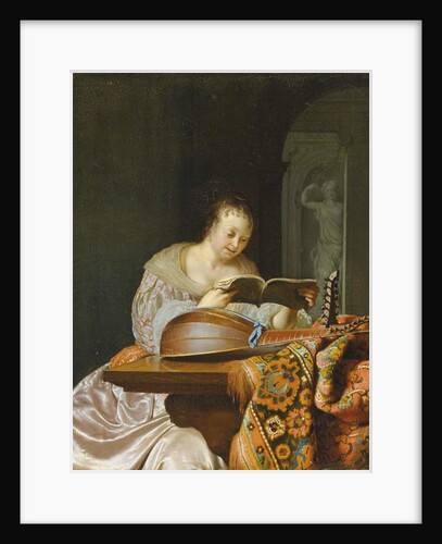 An interior with a woman reading music at a partially draped table with a double-head lute, 1671 by Frans van Mieris
