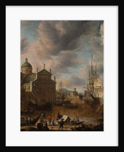 A Mediterranean 'capriccio' harbour with figures conversing on a quay and a Dutch three-master mooring beyond, 1665 by Jan Beerstraten