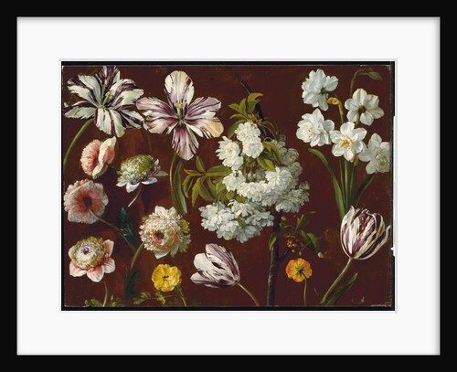 Purple tulips, white flowering prunus, narcissus and pink chrysanthemum by Pancrace Bessa