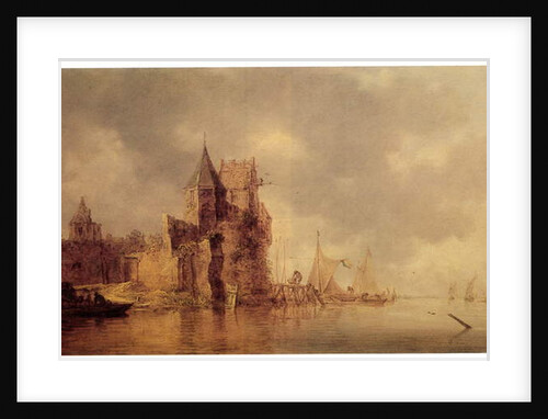 A medieval tower on a castle rampart with sailing ships at a jetty and a rowing boat in the foreground, c.1642 by Jan Josephsz van Goyen