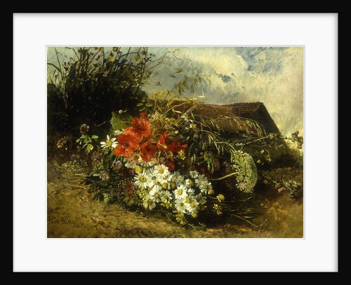 Wild flowers on a bank, with a cottage beyond by Anna Peters