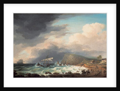 A shipwreck off a coast with survivors and rescuers on a beach by Dominic Serres