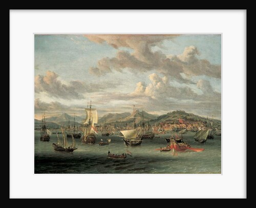 Dutch shipping off the Bay of Smyrna with a state barge by Abraham Storck