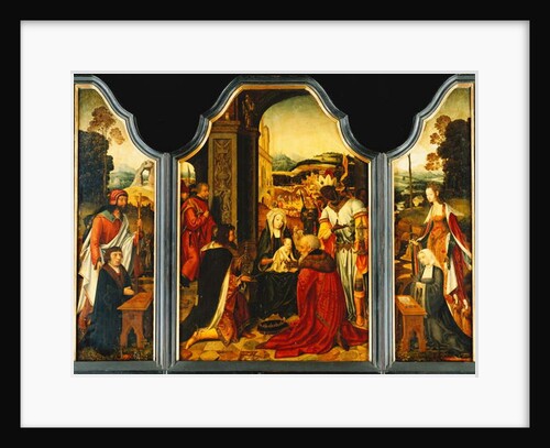 Triptych: Adoration of the Magi, with St. James presenting the donor and St. Catherine of Alexandria presenting the donor's wife and two daughters by Master of the Holy Blood