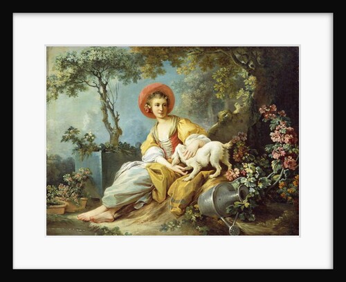 A Young Woman Seated with a Dog and a Watering Can in a Garden, by Jean-Honore Fragonard