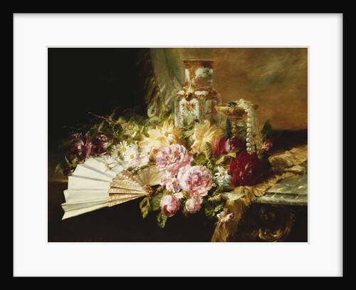 A Fan with Roses, Daisies and a Famille Rose Vase on a Draped Table, 1881 by Pierre Garnier