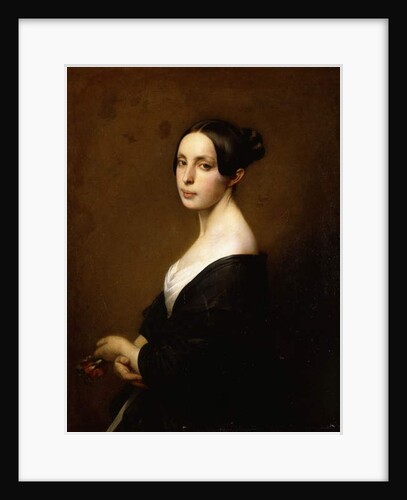 Portrait of a Lady, Half Length Wearing a Black Dress and Holding a Carnation by Hermann Winterhalter